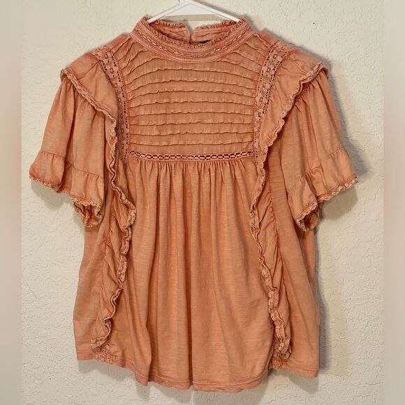 Free People Light Peach Orange Peasant Flutter Sleeve Size Small - Picture 3 of 9